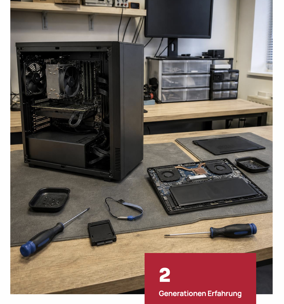 Geöffneter Desktop-PC und geöffnetes Notebook mit Werkzeug auf einer ESD-Werkbank in einer Computerwerkstatt