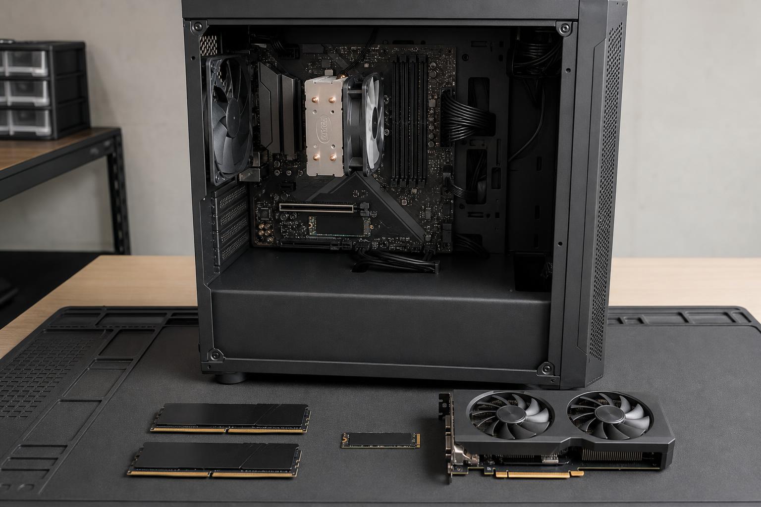 RAM-Module, NVMe-SSD und Grafikkarte neben einem geöffneten Desktop-PC