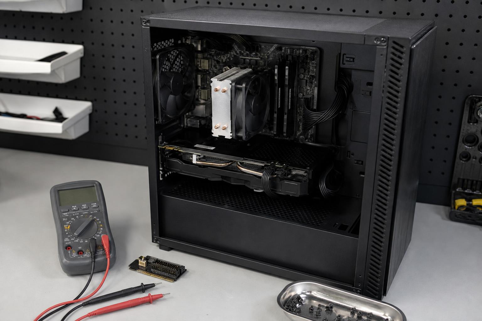 Geöffneter Desktop-PC mit Multimeter und Diagnoseadapter auf einer Werkbank