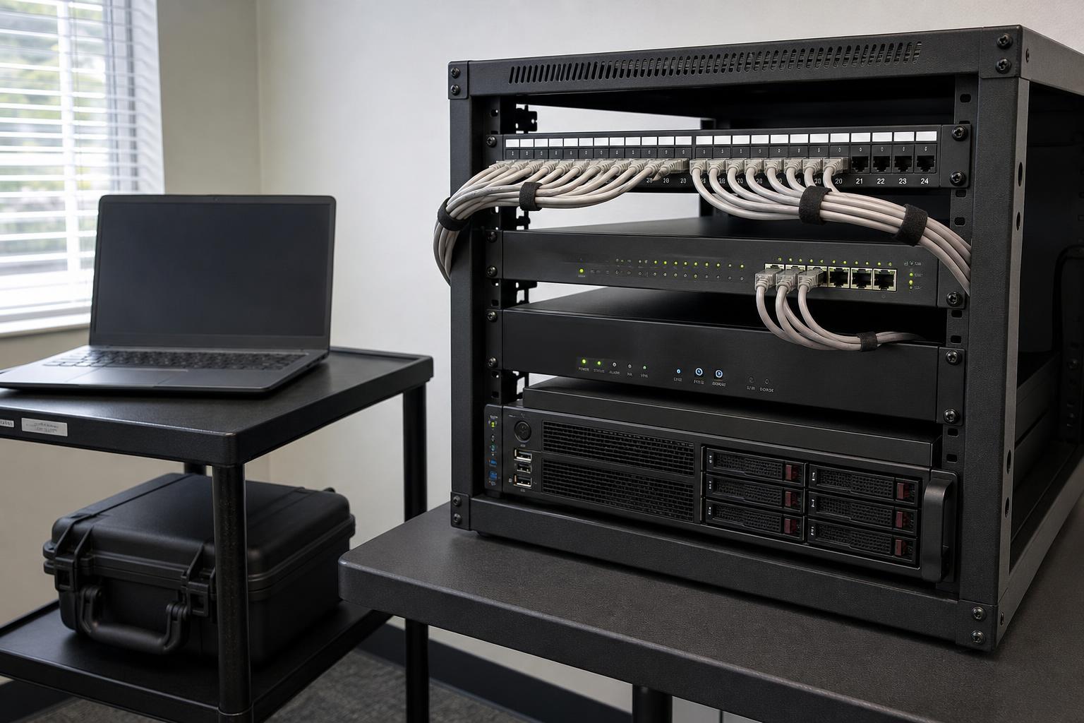 Netzwerkschrank mit Patchpanel, Switch, Firewall und Rackserver in einem kleinen Unternehmen