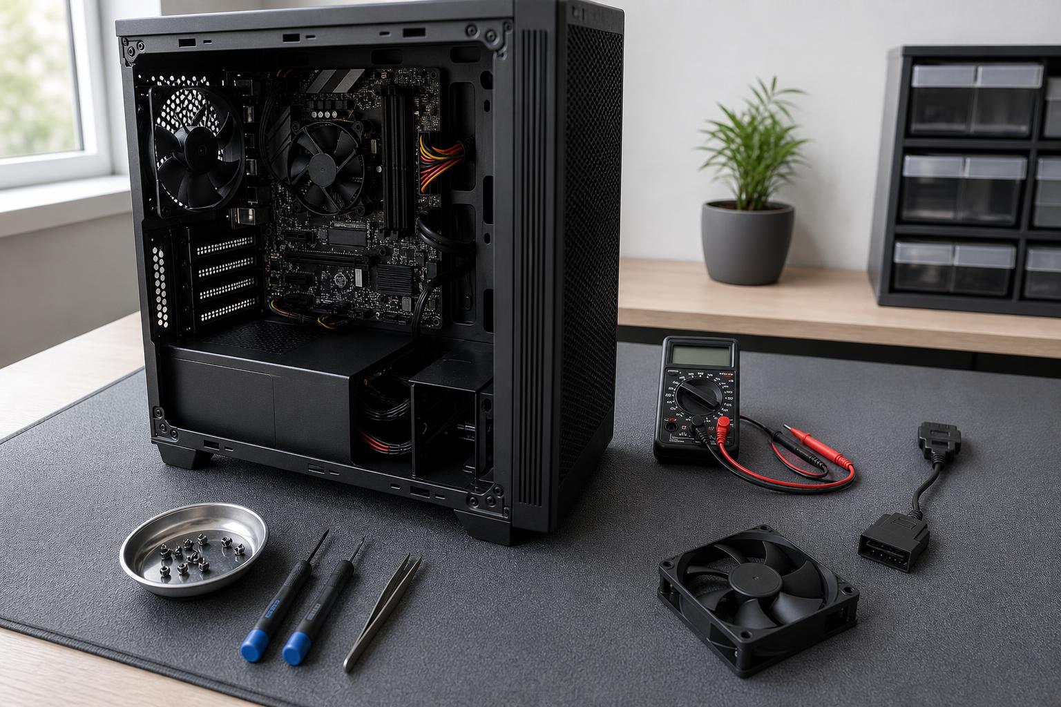 Geöffneter Desktop-PC mit Messgerät, Werkzeugen und Ersatzlüfter am Diagnoseplatz